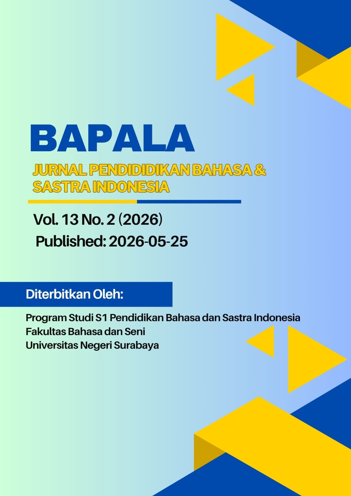 					View Vol. 13 No. 2 (2026): Jurnal Pendidikan Bahasa dan Sastra Indonesia
				